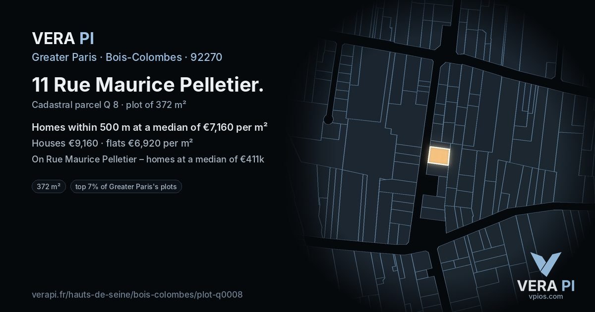 11 Rue Maurice Pelletier, Bois-Colombes at night – the plot lit, the parcels around coloured by the prices near them