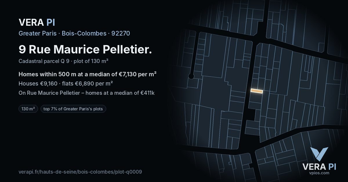 9 Rue Maurice Pelletier, Bois-Colombes at night – the plot lit, the parcels around coloured by the prices near them