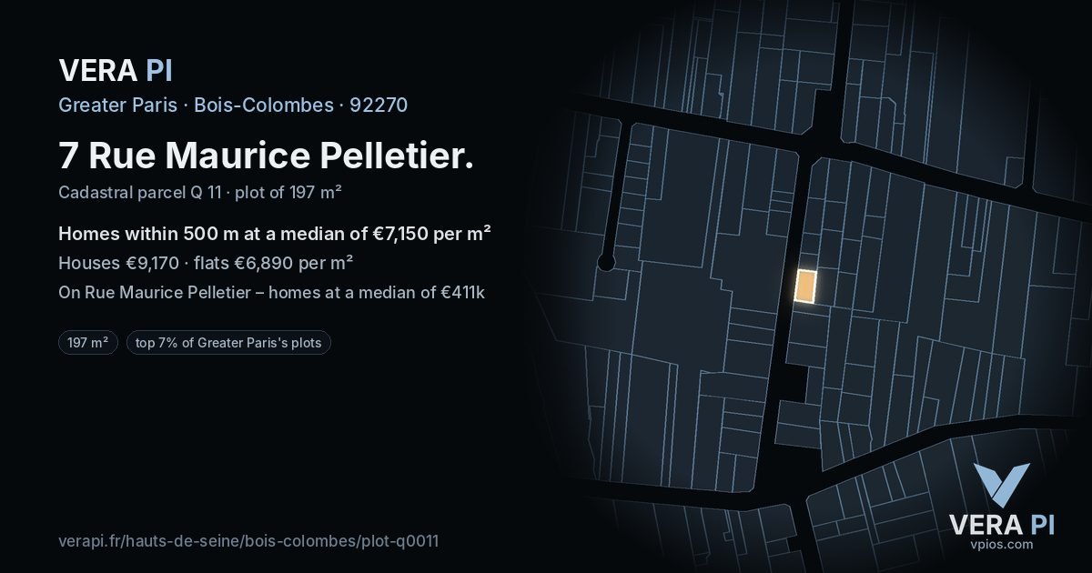 7 Rue Maurice Pelletier, Bois-Colombes at night – the plot lit, the parcels around coloured by the prices near them
