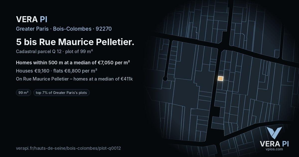 5 bis Rue Maurice Pelletier, Bois-Colombes at night – the plot lit, the parcels around coloured by the prices near them
