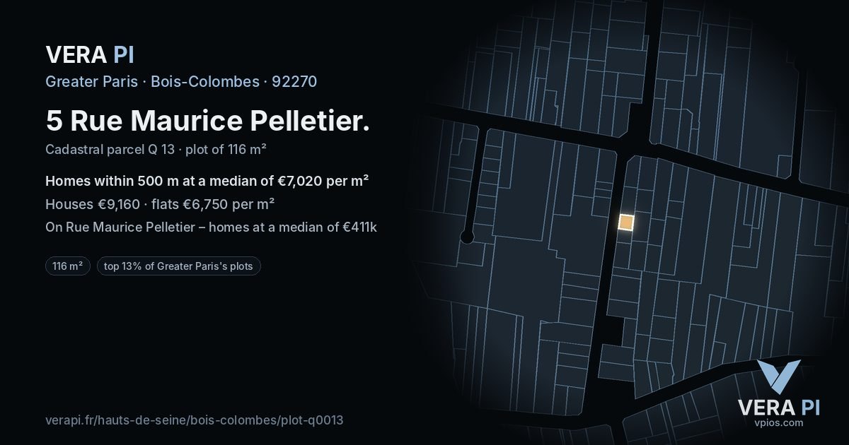 5 Rue Maurice Pelletier, Bois-Colombes at night – the plot lit, the parcels around coloured by the prices near them