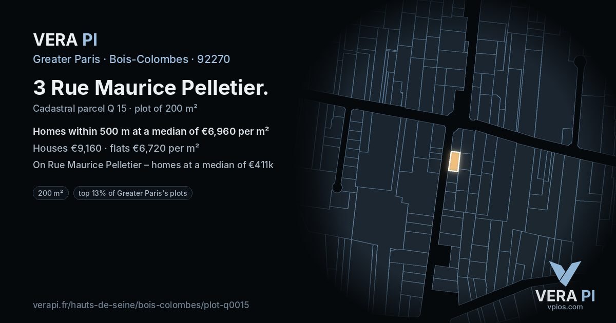 3 Rue Maurice Pelletier, Bois-Colombes at night – the plot lit, the parcels around coloured by the prices near them