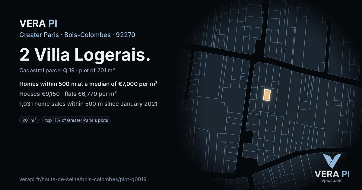2 Villa Logerais, Bois-Colombes at night – the plot lit, the parcels around coloured by the prices near them