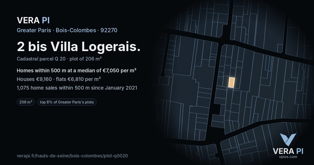 2 bis Villa Logerais, Bois-Colombes at night – the plot lit, the parcels around coloured by the prices near them