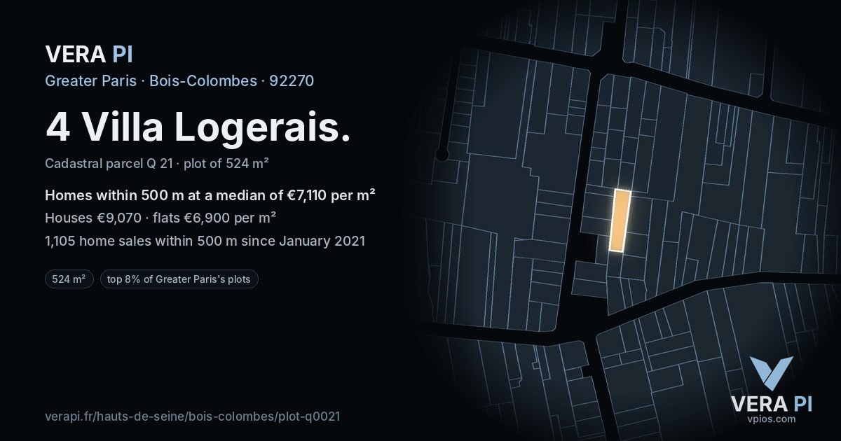 4 Villa Logerais, Bois-Colombes at night – the plot lit, the parcels around coloured by the prices near them