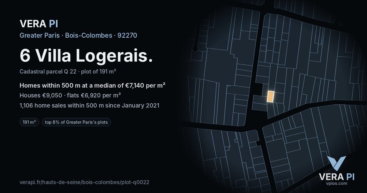 6 Villa Logerais, Bois-Colombes at night – the plot lit, the parcels around coloured by the prices near them