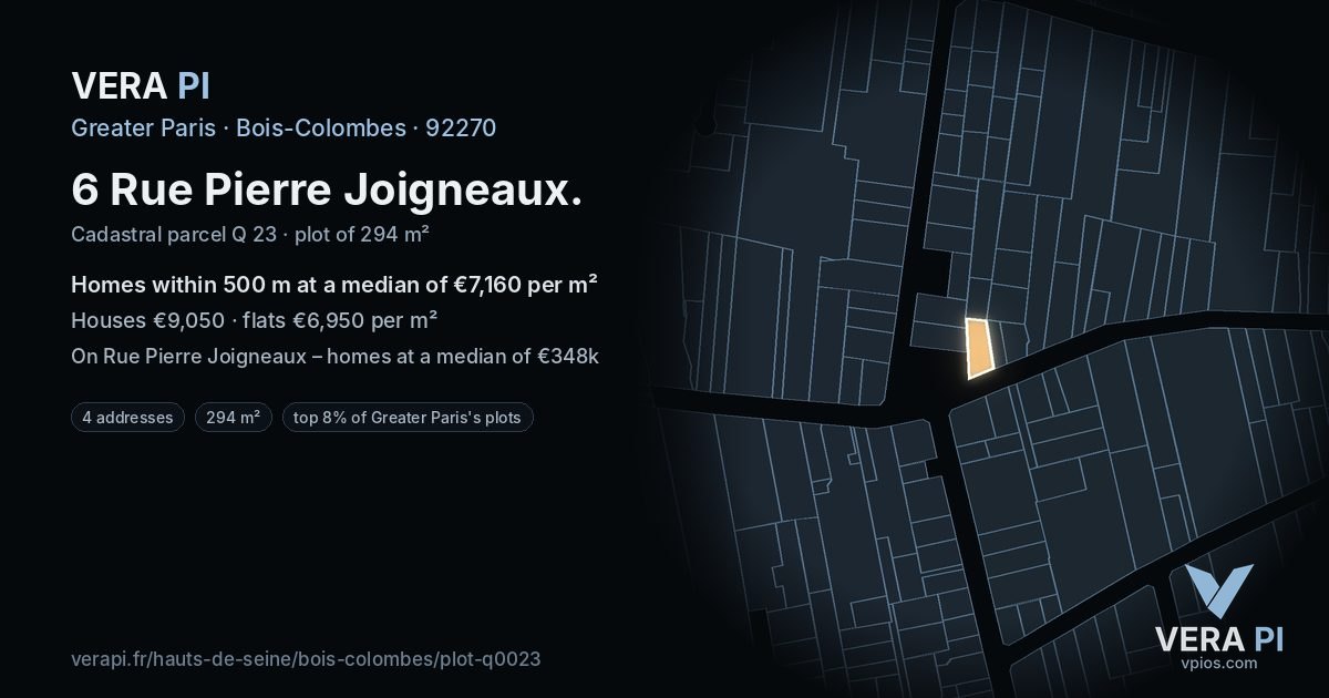 6 Rue Pierre Joigneaux, Bois-Colombes at night – the plot lit, the parcels around coloured by the prices near them