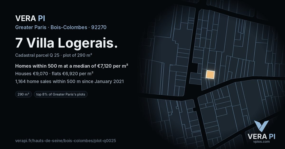 7 Villa Logerais, Bois-Colombes at night – the plot lit, the parcels around coloured by the prices near them
