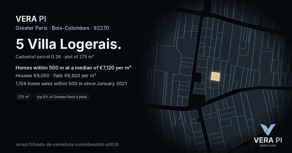 5 Villa Logerais, Bois-Colombes at night – the plot lit, the parcels around coloured by the prices near them