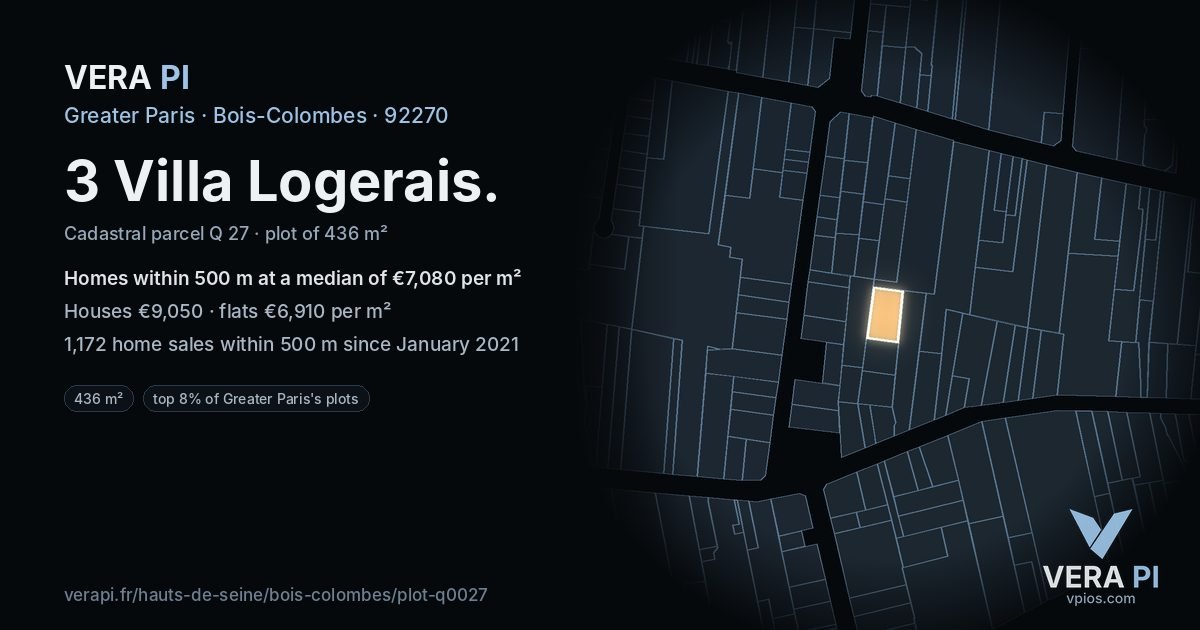 3 Villa Logerais, Bois-Colombes at night – the plot lit, the parcels around coloured by the prices near them