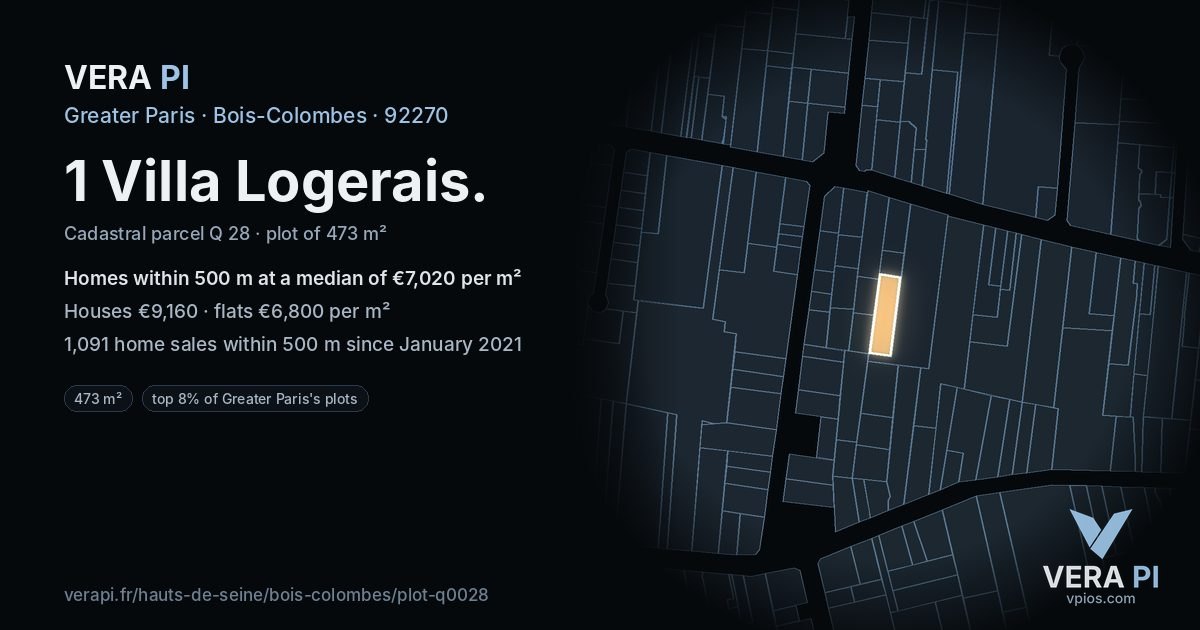 1 Villa Logerais, Bois-Colombes at night – the plot lit, the parcels around coloured by the prices near them