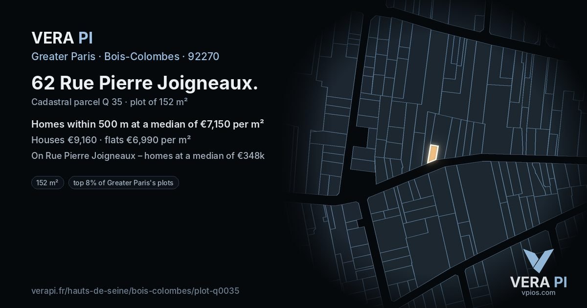62 Rue Pierre Joigneaux, Bois-Colombes at night – the plot lit, the parcels around coloured by the prices near them