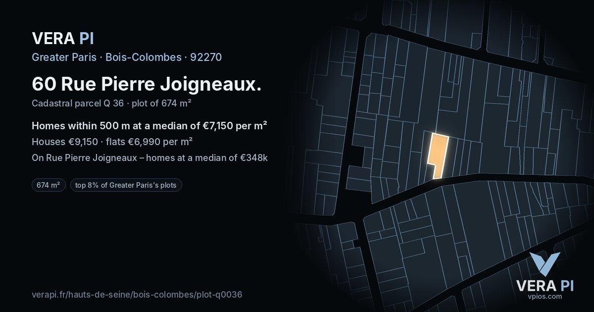 60 Rue Pierre Joigneaux, Bois-Colombes at night – the plot lit, the parcels around coloured by the prices near them