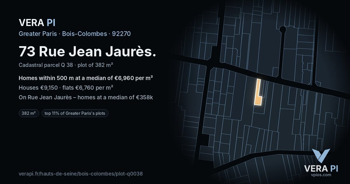 73 Rue Jean Jaurès, Bois-Colombes at night – the plot lit, the parcels around coloured by the prices near them