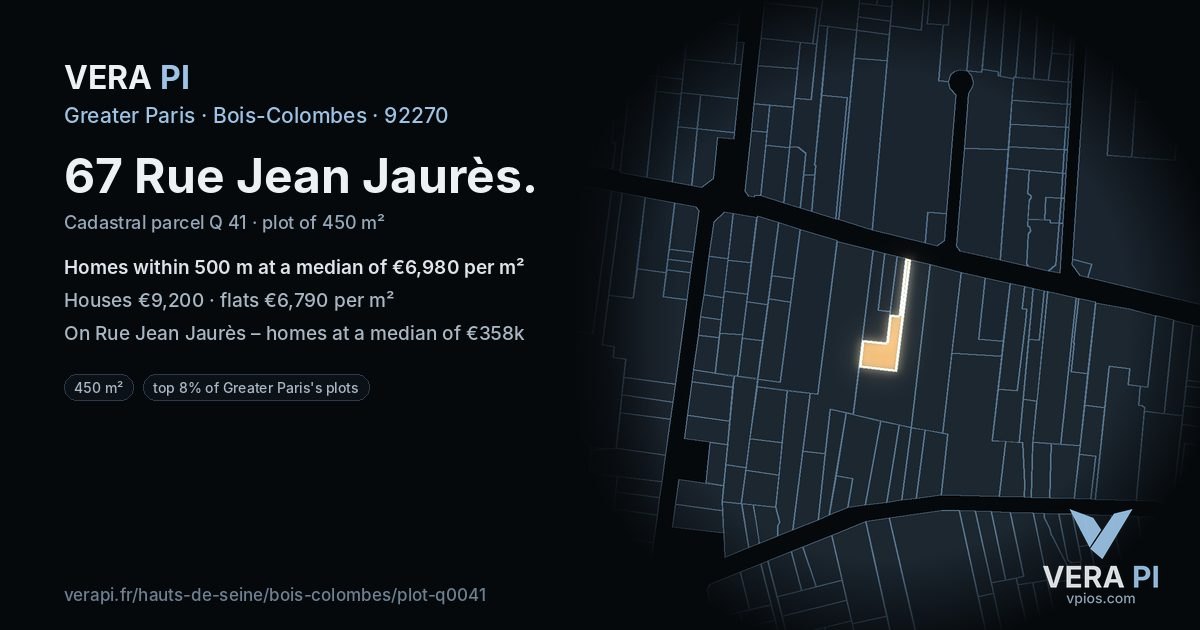 67 Rue Jean Jaurès, Bois-Colombes at night – the plot lit, the parcels around coloured by the prices near them