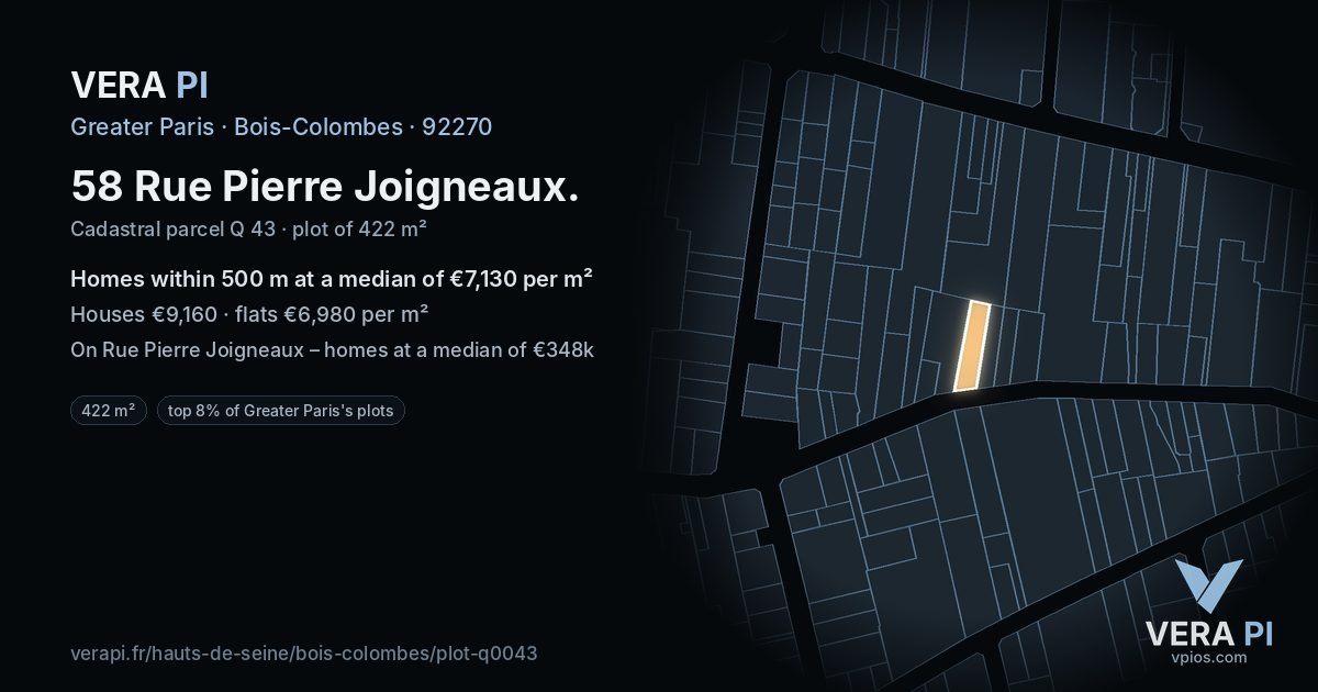 58 Rue Pierre Joigneaux, Bois-Colombes at night – the plot lit, the parcels around coloured by the prices near them