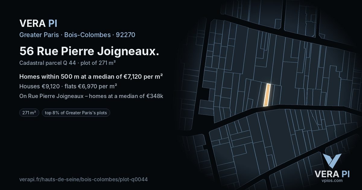 56 Rue Pierre Joigneaux, Bois-Colombes at night – the plot lit, the parcels around coloured by the prices near them