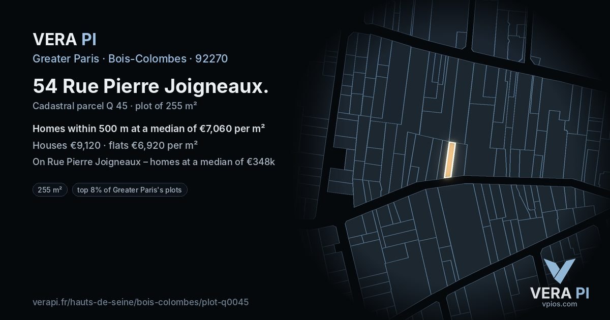 54 Rue Pierre Joigneaux, Bois-Colombes at night – the plot lit, the parcels around coloured by the prices near them