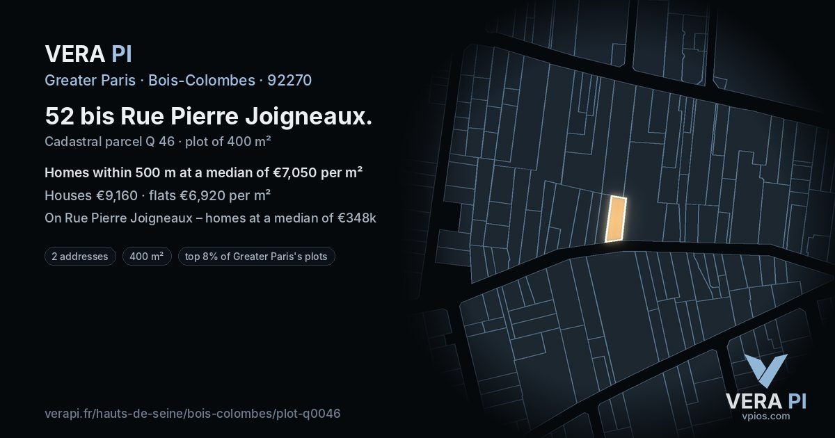 52 bis Rue Pierre Joigneaux, Bois-Colombes at night – the plot lit, the parcels around coloured by the prices near them