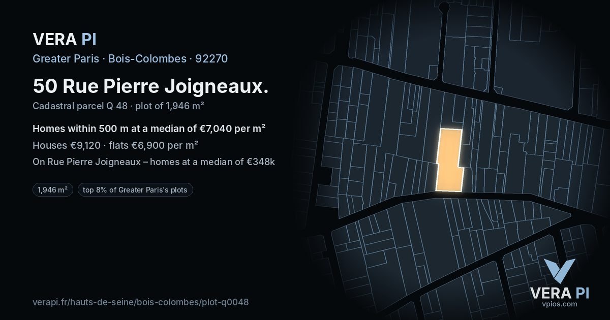 50 Rue Pierre Joigneaux, Bois-Colombes at night – the plot lit, the parcels around coloured by the prices near them