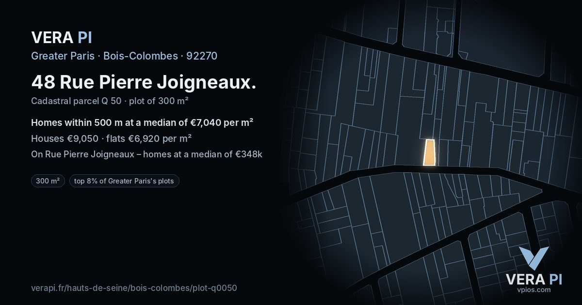48 Rue Pierre Joigneaux, Bois-Colombes at night – the plot lit, the parcels around coloured by the prices near them