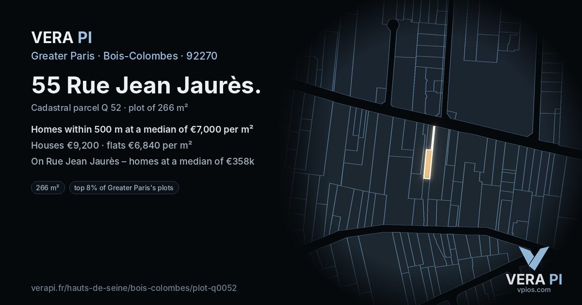 55 Rue Jean Jaurès, Bois-Colombes at night – the plot lit, the parcels around coloured by the prices near them