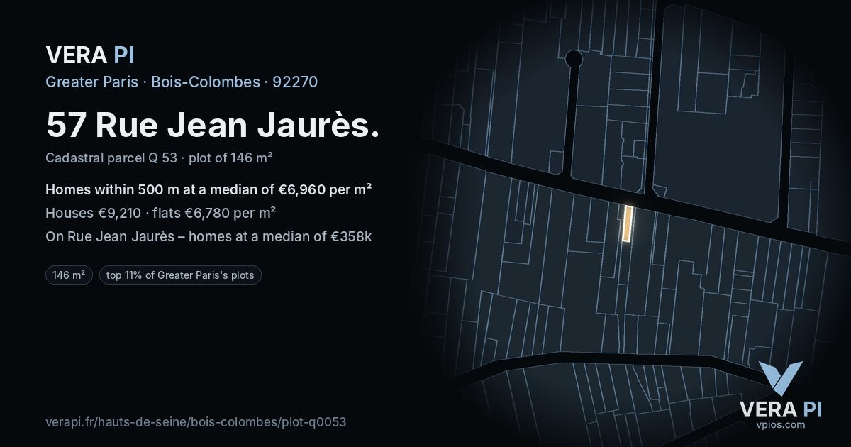 57 Rue Jean Jaurès, Bois-Colombes at night – the plot lit, the parcels around coloured by the prices near them