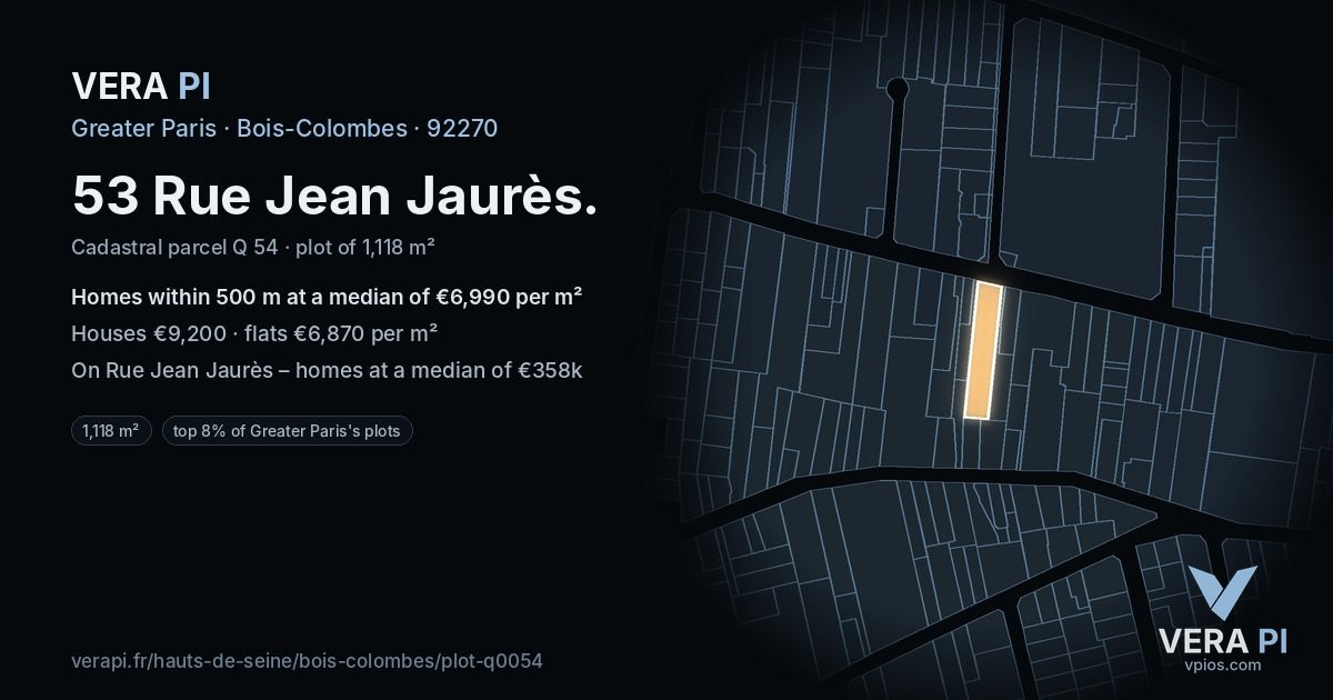 53 Rue Jean Jaurès, Bois-Colombes at night – the plot lit, the parcels around coloured by the prices near them