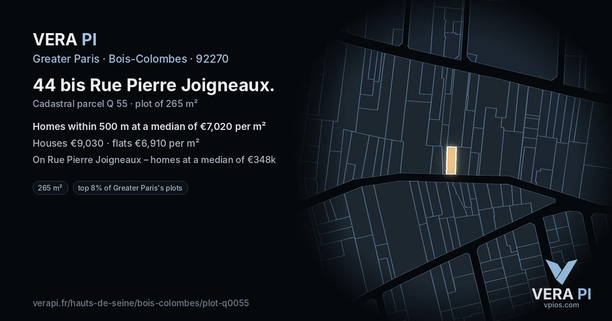 44 bis Rue Pierre Joigneaux, Bois-Colombes at night – the plot lit, the parcels around coloured by the prices near them