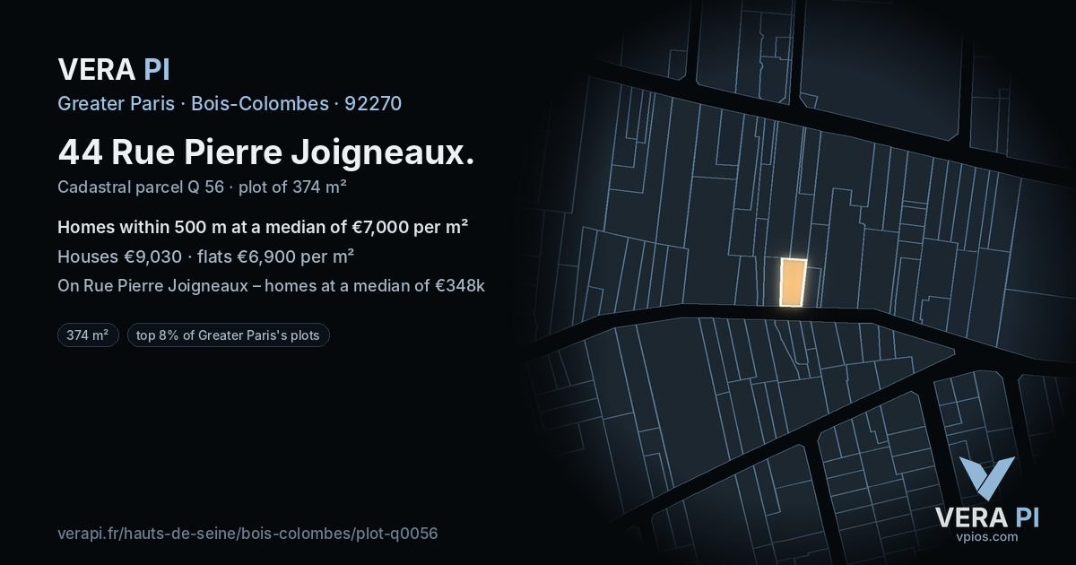 44 Rue Pierre Joigneaux, Bois-Colombes at night – the plot lit, the parcels around coloured by the prices near them