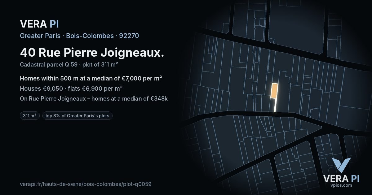 40 Rue Pierre Joigneaux, Bois-Colombes at night – the plot lit, the parcels around coloured by the prices near them
