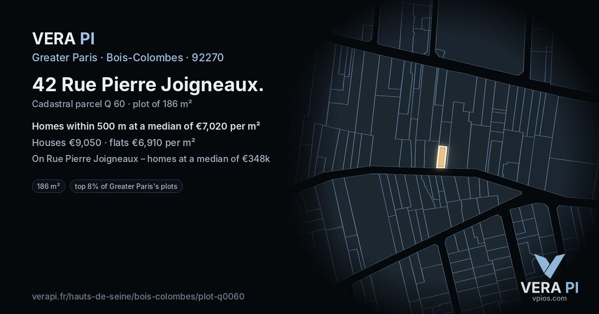42 Rue Pierre Joigneaux, Bois-Colombes at night – the plot lit, the parcels around coloured by the prices near them