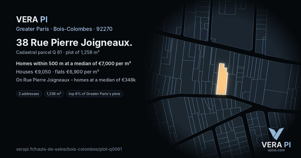 38 Rue Pierre Joigneaux, Bois-Colombes at night – the plot lit, the parcels around coloured by the prices near them