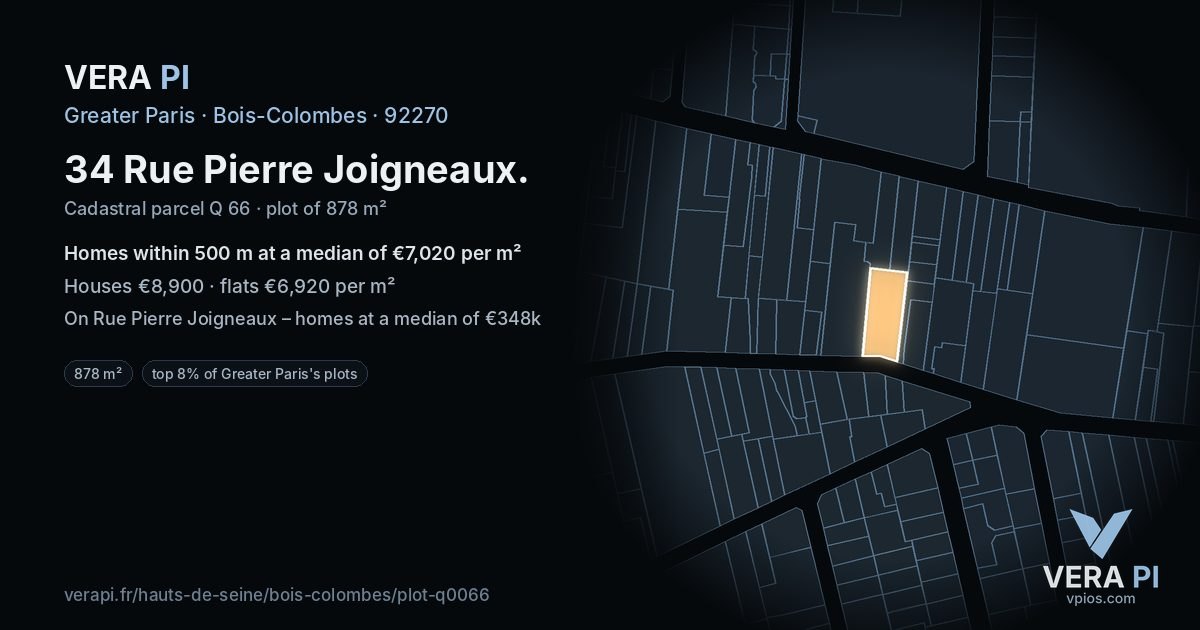 34 Rue Pierre Joigneaux, Bois-Colombes at night – the plot lit, the parcels around coloured by the prices near them