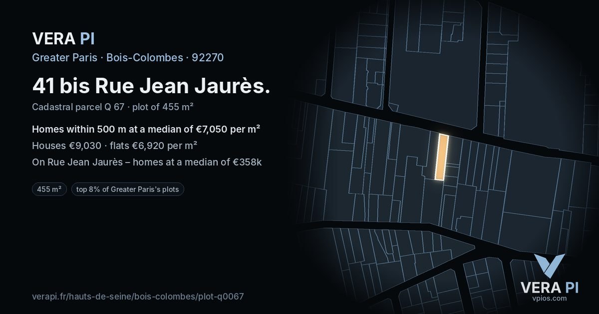 41 bis Rue Jean Jaurès, Bois-Colombes at night – the plot lit, the parcels around coloured by the prices near them