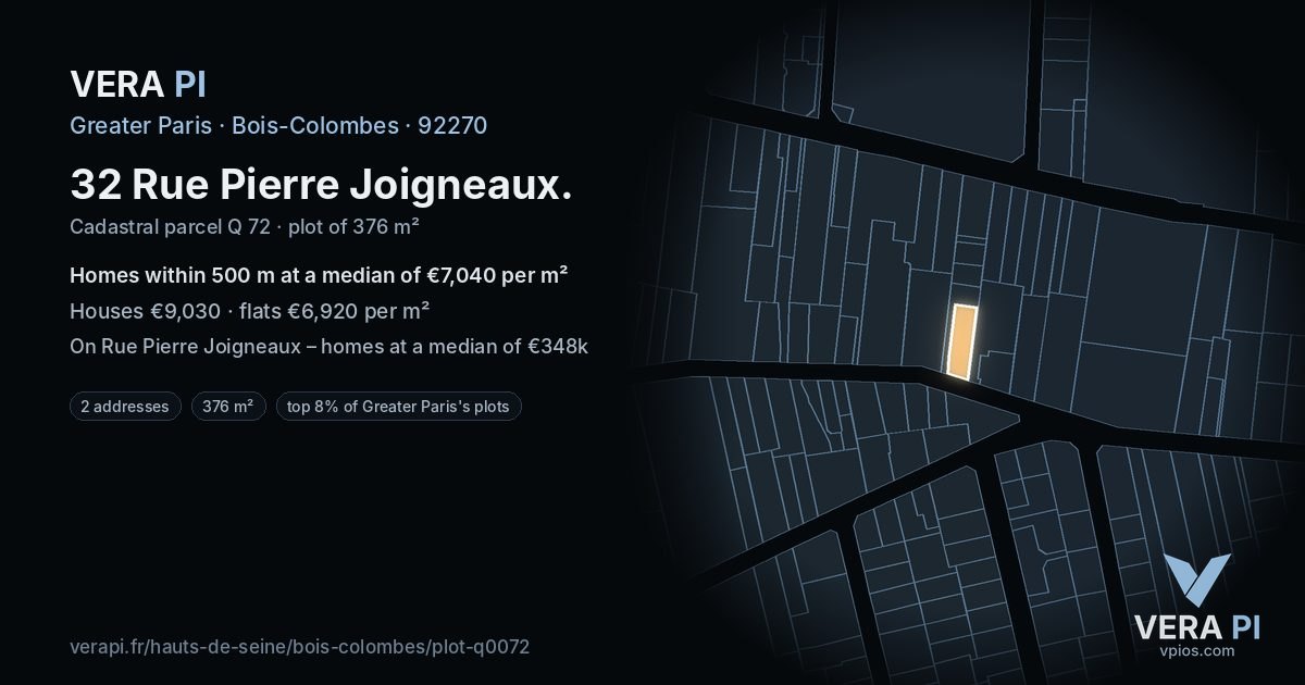 32 Rue Pierre Joigneaux, Bois-Colombes at night – the plot lit, the parcels around coloured by the prices near them