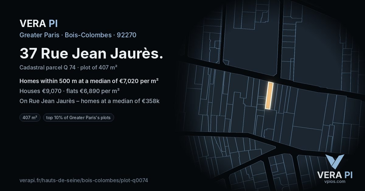 37 Rue Jean Jaurès, Bois-Colombes at night – the plot lit, the parcels around coloured by the prices near them