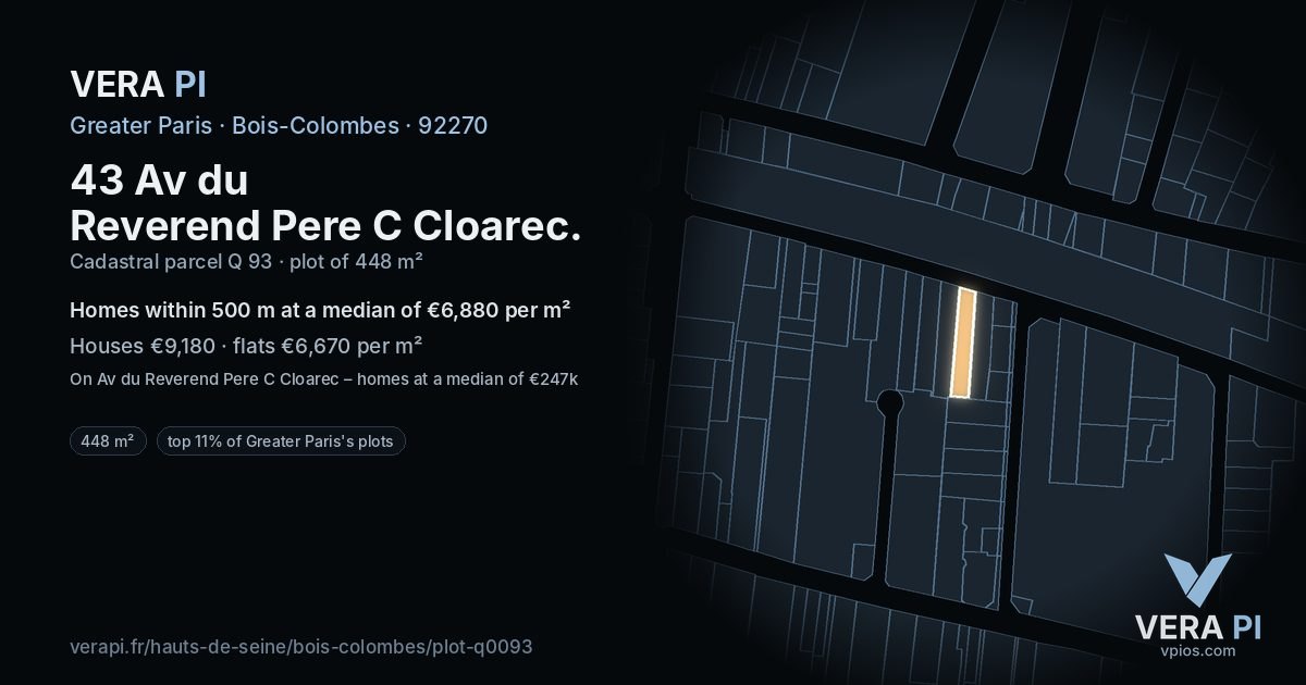 43 Av du Reverend Pere C Cloarec, Bois-Colombes at night – the plot lit, the parcels around coloured by the prices near them