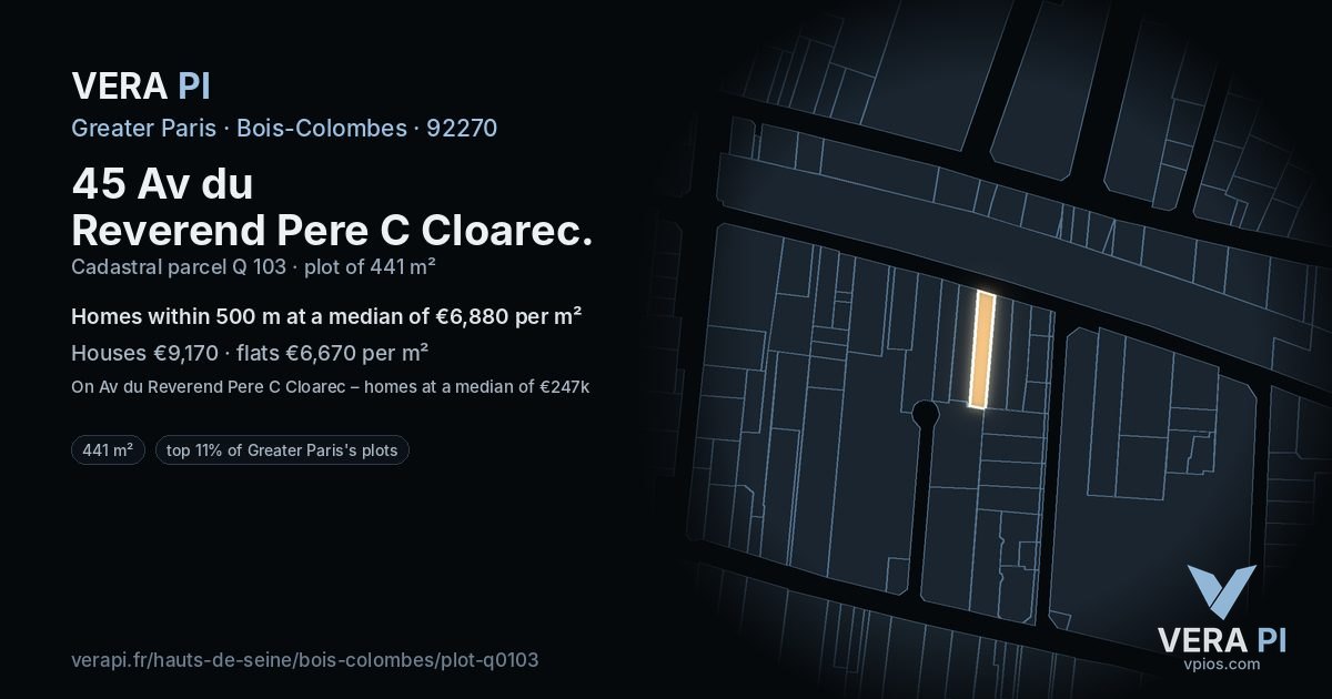 45 Av du Reverend Pere C Cloarec, Bois-Colombes at night – the plot lit, the parcels around coloured by the prices near them