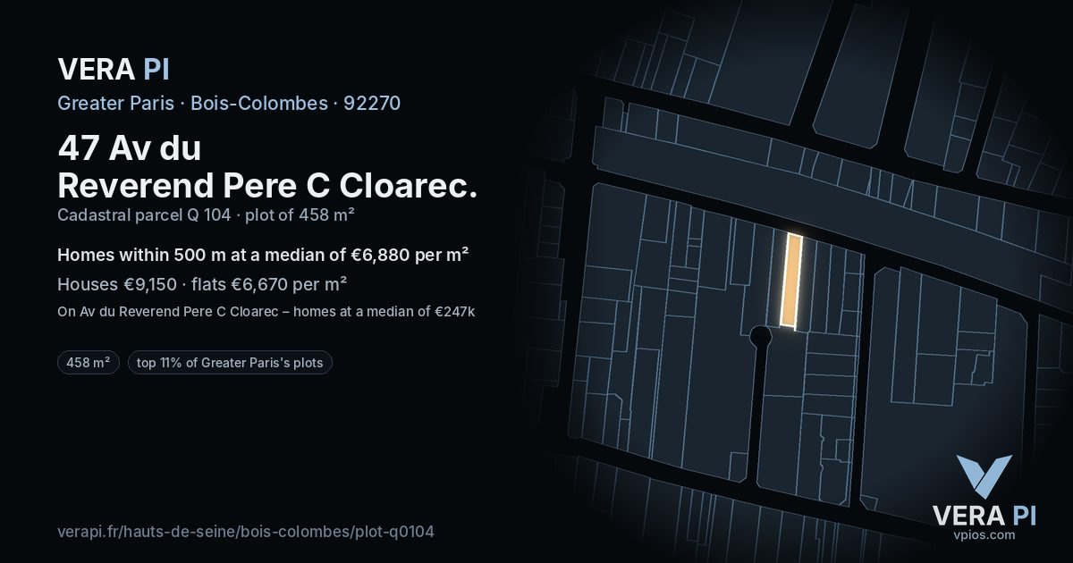47 Av du Reverend Pere C Cloarec, Bois-Colombes at night – the plot lit, the parcels around coloured by the prices near them