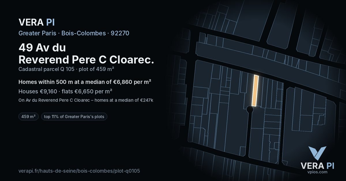 49 Av du Reverend Pere C Cloarec, Bois-Colombes at night – the plot lit, the parcels around coloured by the prices near them