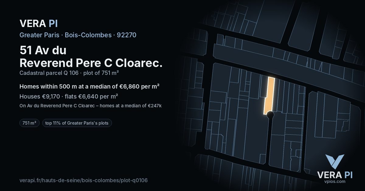 51 Av du Reverend Pere C Cloarec, Bois-Colombes at night – the plot lit, the parcels around coloured by the prices near them