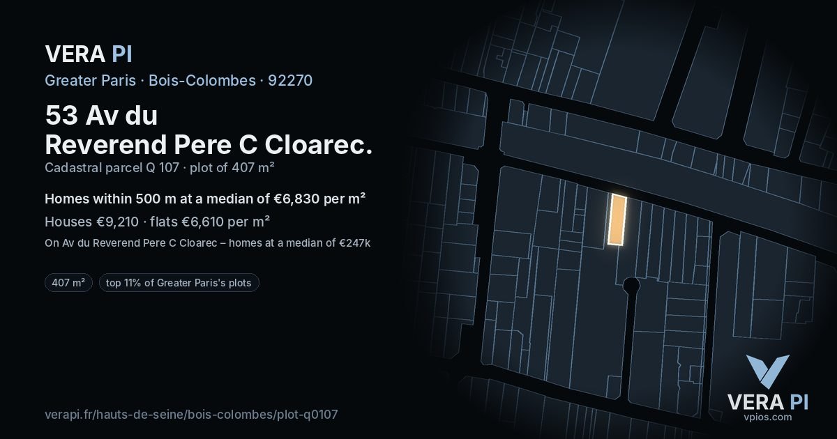 53 Av du Reverend Pere C Cloarec, Bois-Colombes at night – the plot lit, the parcels around coloured by the prices near them