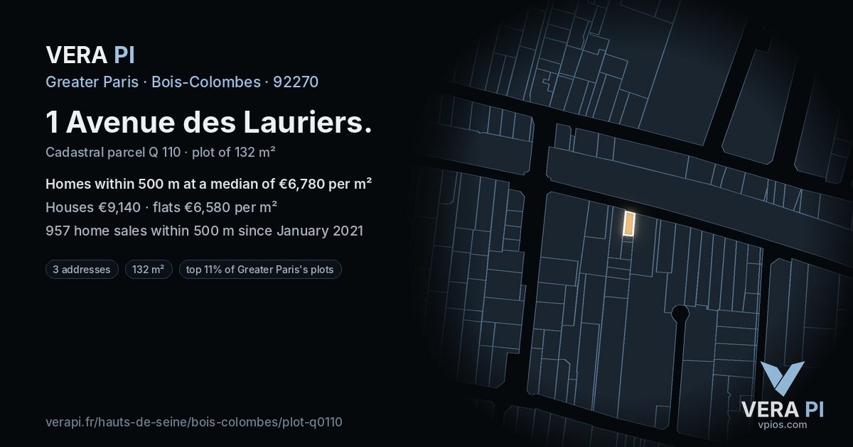 1 Avenue des Lauriers, Bois-Colombes at night – the plot lit, the parcels around coloured by the prices near them