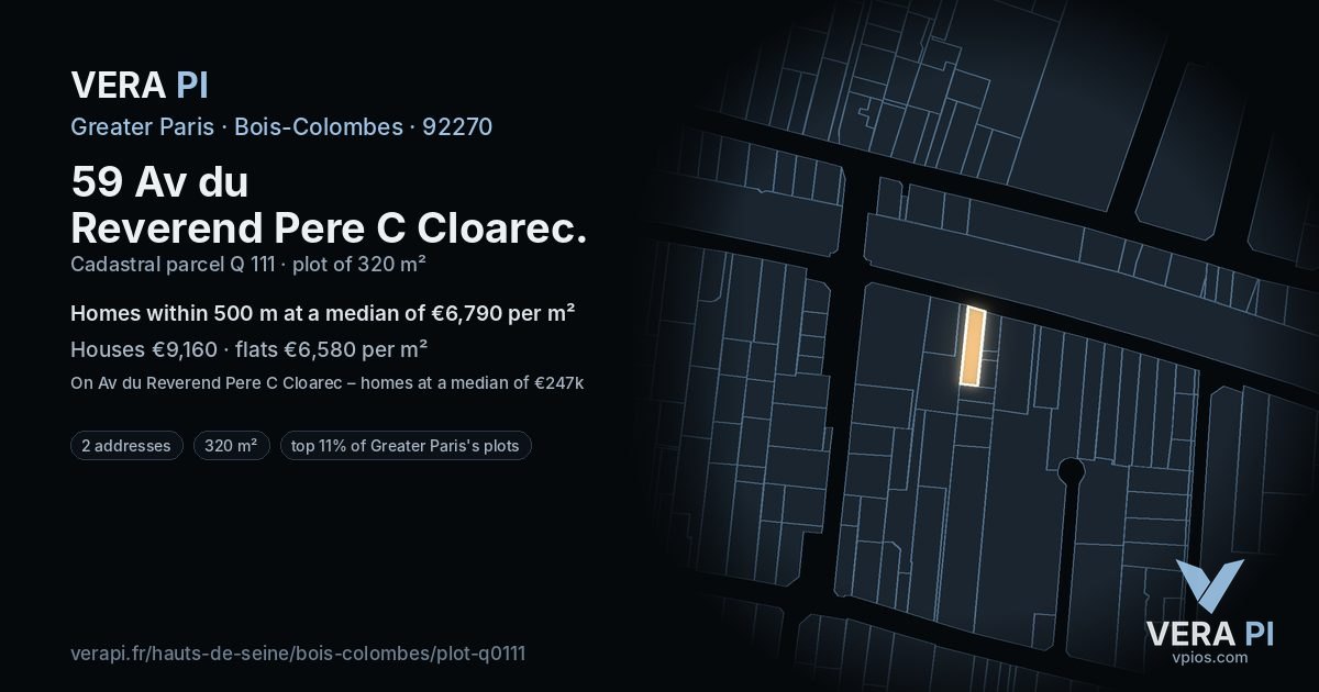 59 Av du Reverend Pere C Cloarec, Bois-Colombes at night – the plot lit, the parcels around coloured by the prices near them