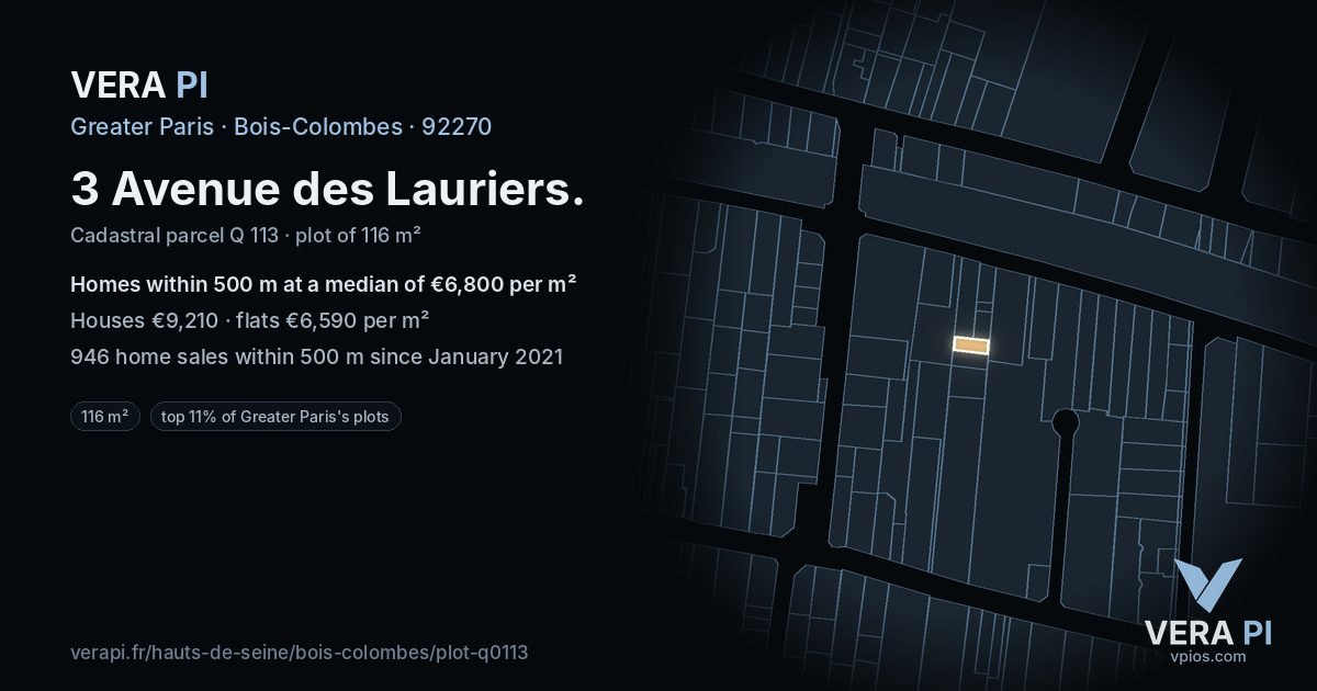 3 Avenue des Lauriers, Bois-Colombes at night – the plot lit, the parcels around coloured by the prices near them