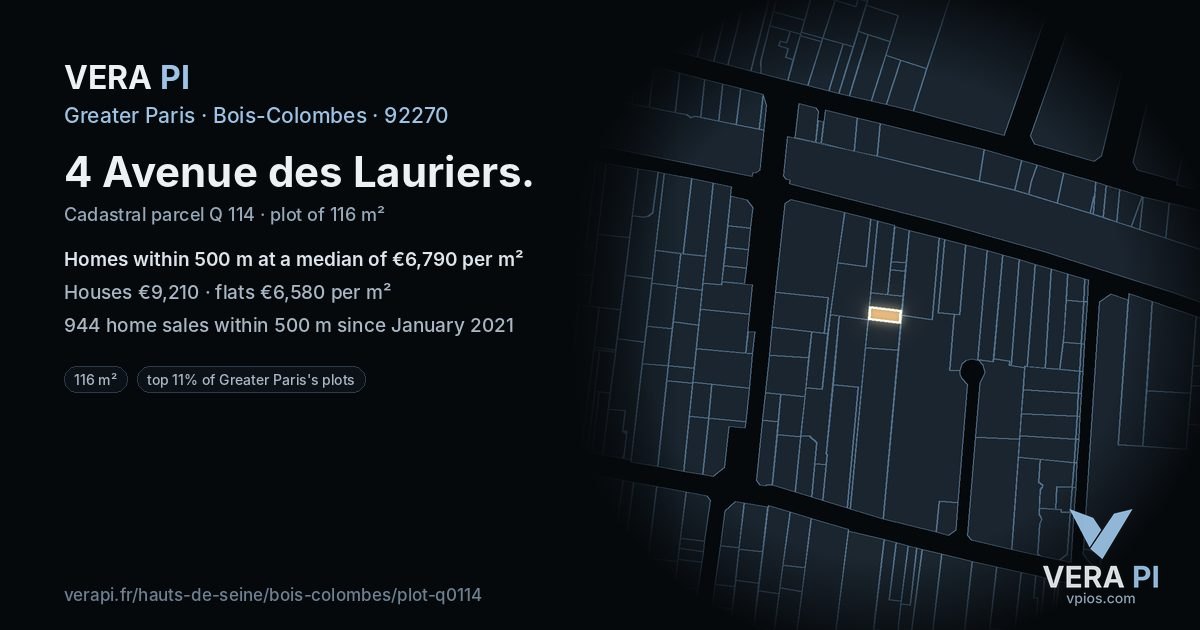 4 Avenue des Lauriers, Bois-Colombes at night – the plot lit, the parcels around coloured by the prices near them