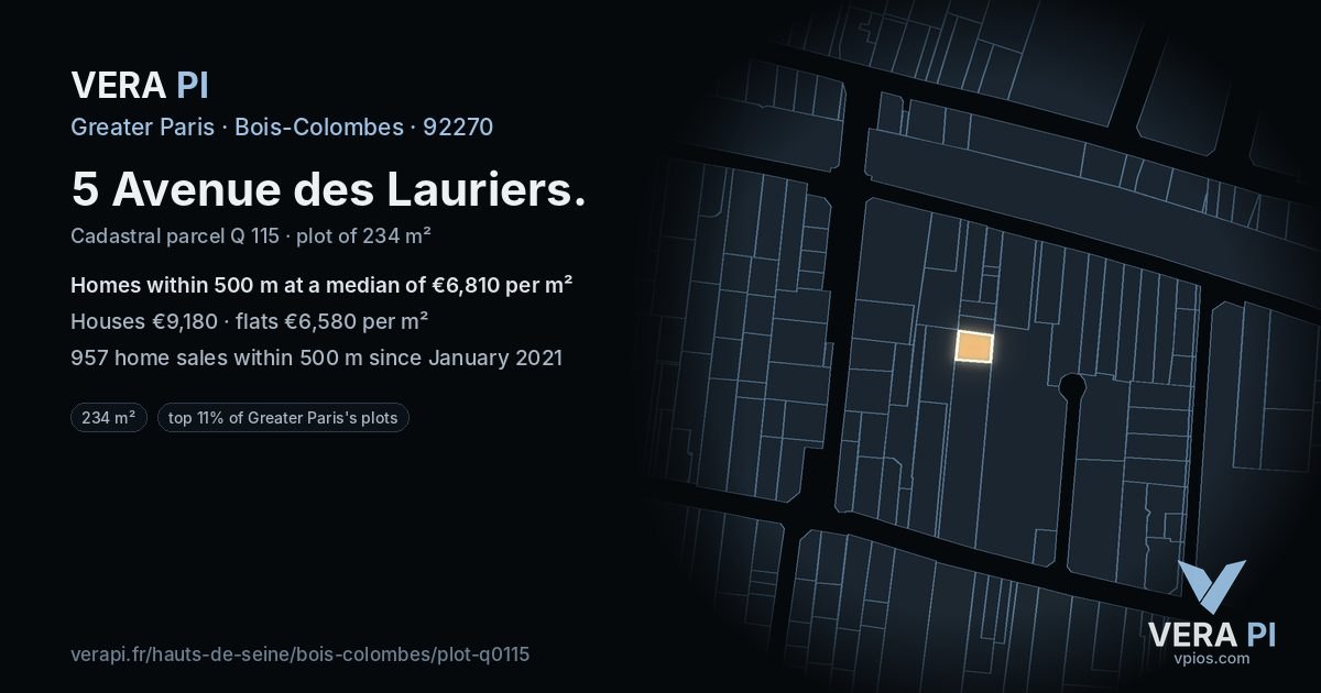5 Avenue des Lauriers, Bois-Colombes at night – the plot lit, the parcels around coloured by the prices near them