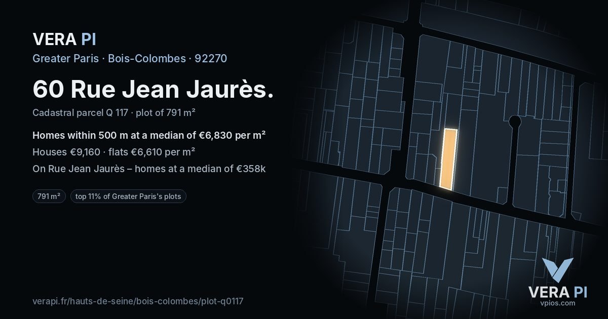 60 Rue Jean Jaurès, Bois-Colombes at night – the plot lit, the parcels around coloured by the prices near them