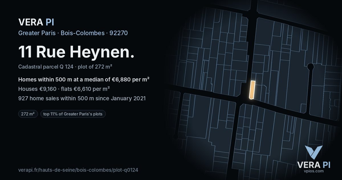 11 Rue Heynen, Bois-Colombes at night – the plot lit, the parcels around coloured by the prices near them